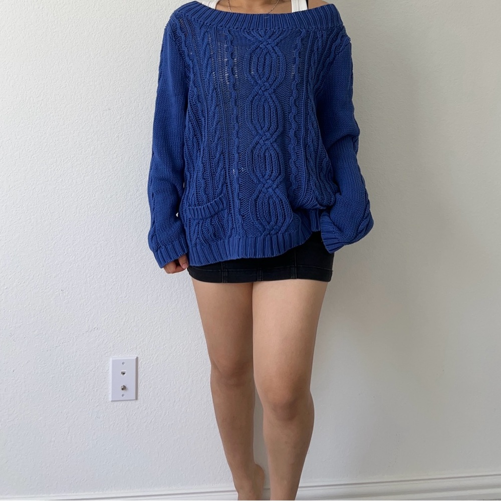 Blue Cable Knit Off-Shoulder Sweater - Women